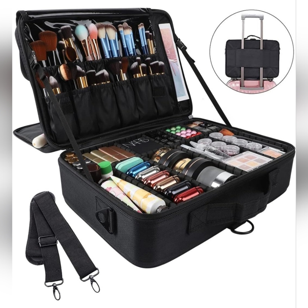 Large Capacity Black Makeup Organizer with Adjustable Straps